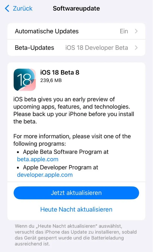 阜阳苹果手机维修分享苹果 iOS / iPadOS 18 开发者预览版 Beta 8 发布 